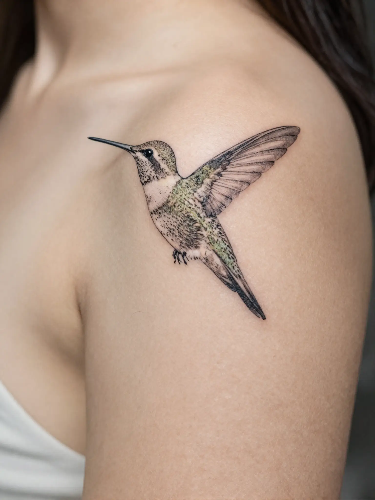 Tatuagem feminina de beija-flor delicado em traço fino