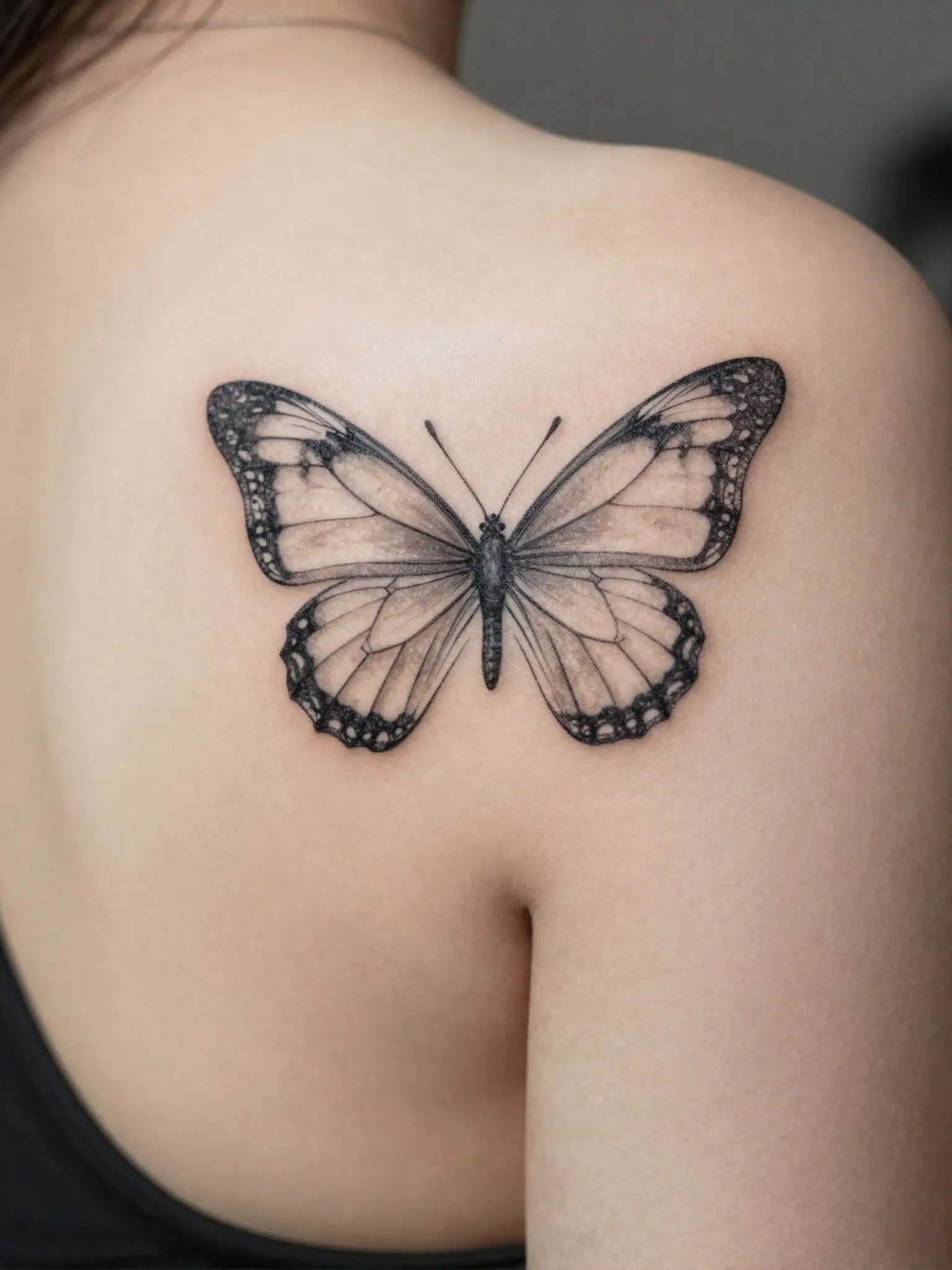 Tatuagem feminina de borboleta em traço fino no ombro