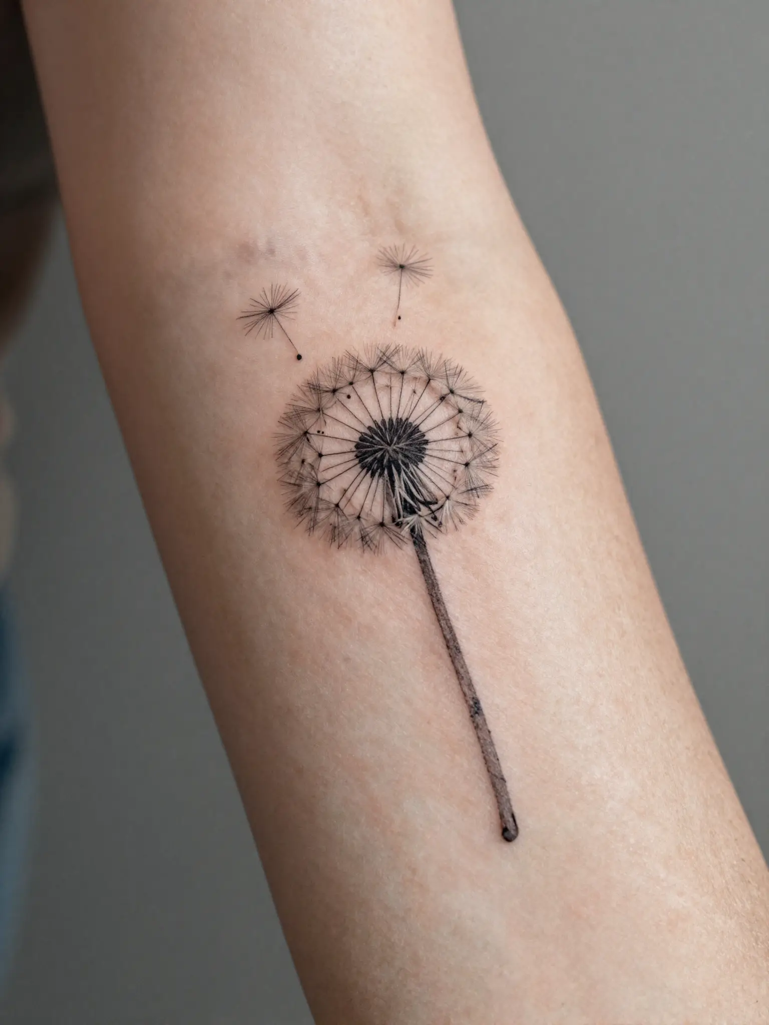 Tatuagem feminina de dente-de-leão com sementes voando em traço fino