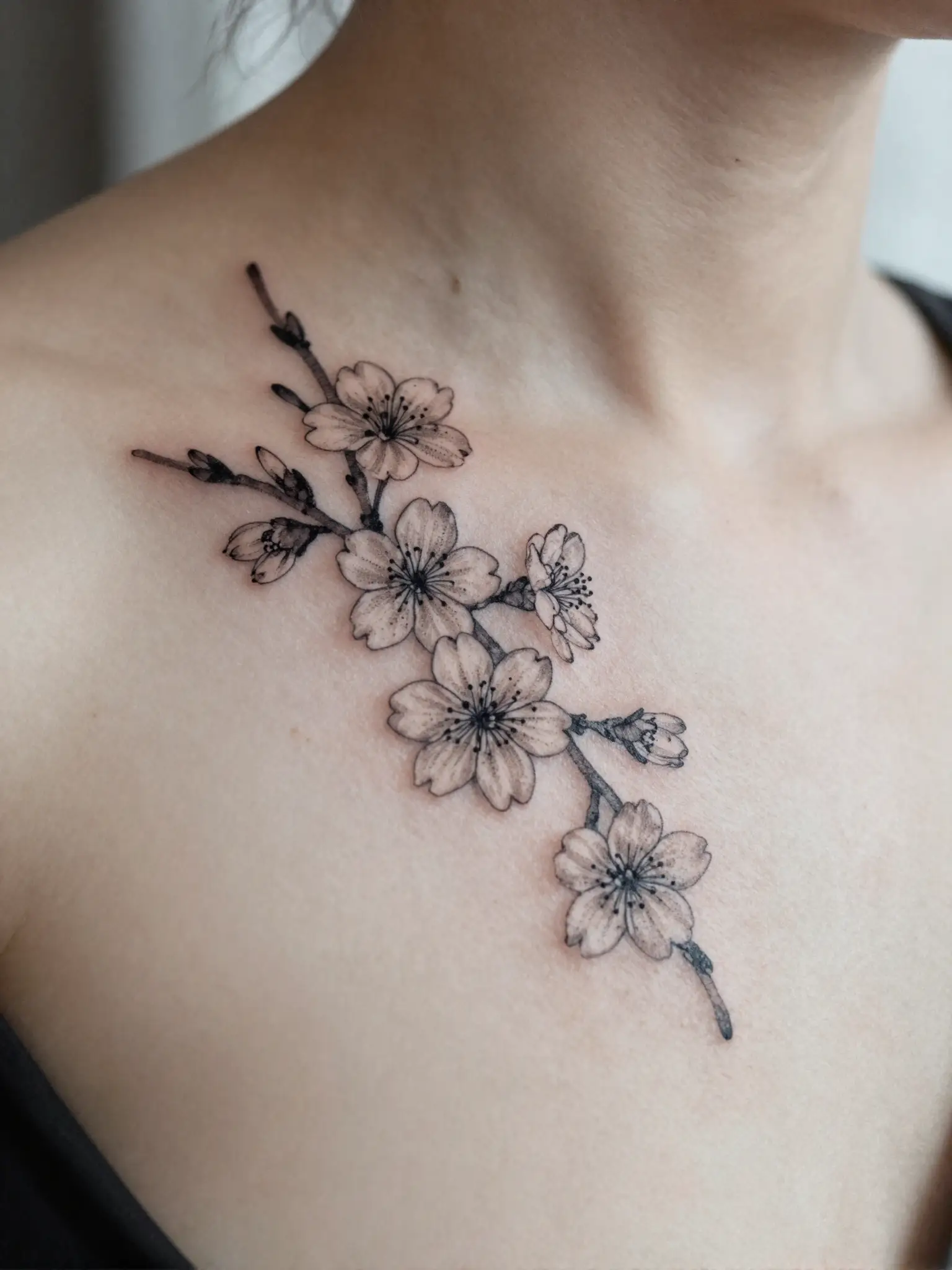 Tatuagem feminina de flor de cerejeira delicada na clavícula