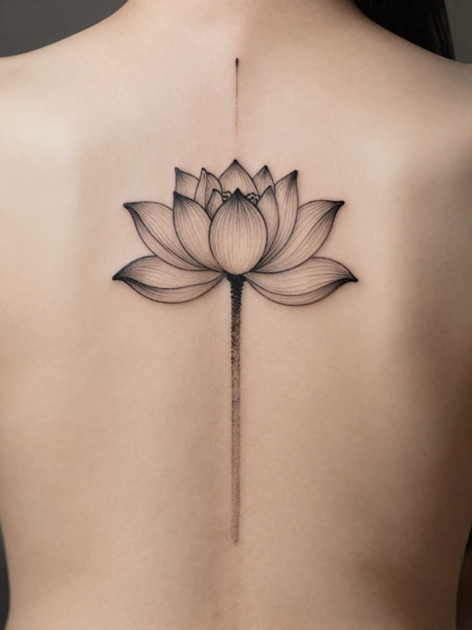 Tatuagem feminina de flor de lótus em traço fino na coluna