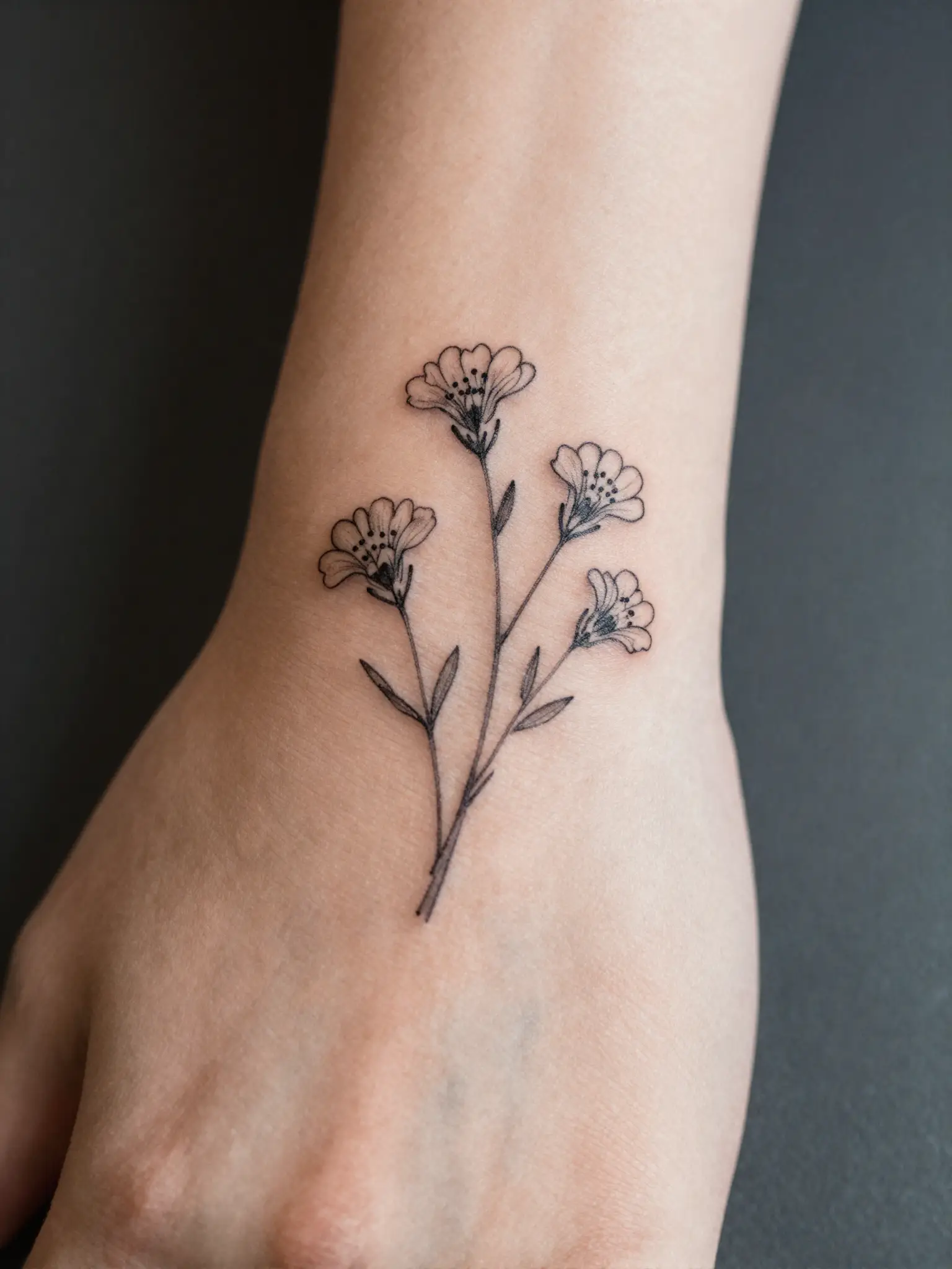 Tatuagem feminina de flores silvestres em traço fino no pulso