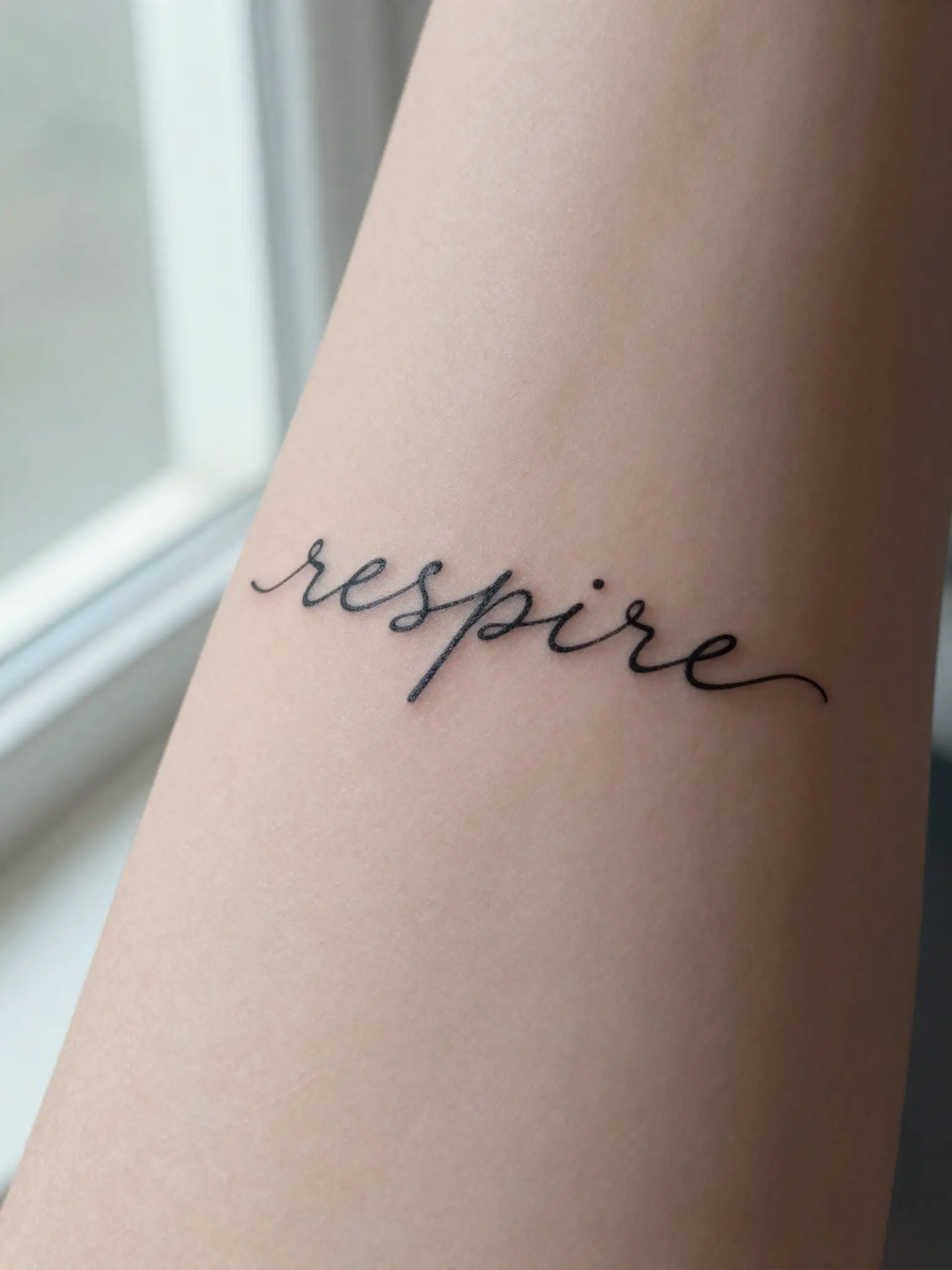 Tatuagem feminina escrita respire em letra cursiva fina no antebraço