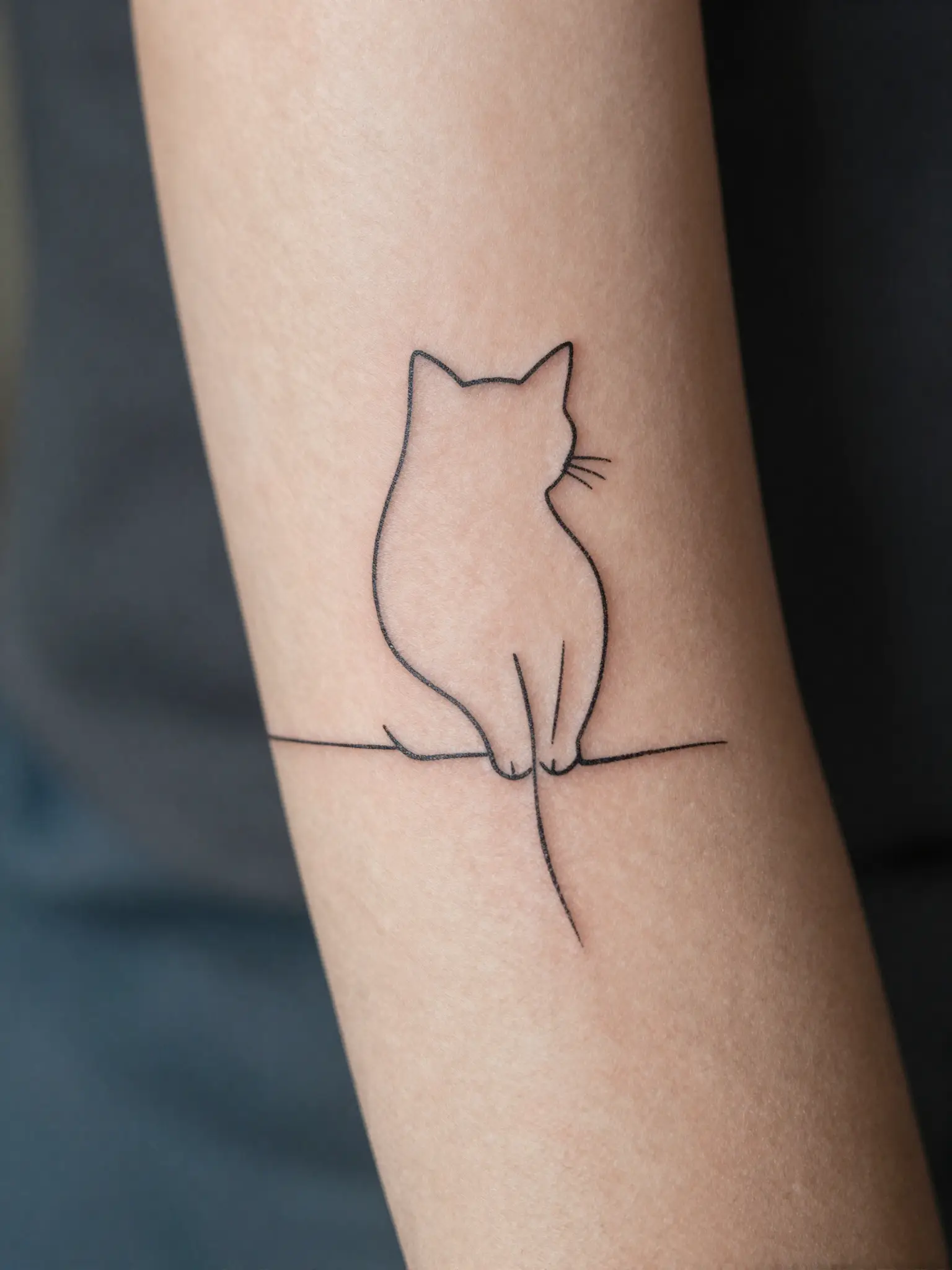 Tatuagem feminina de gato em linha única minimalista