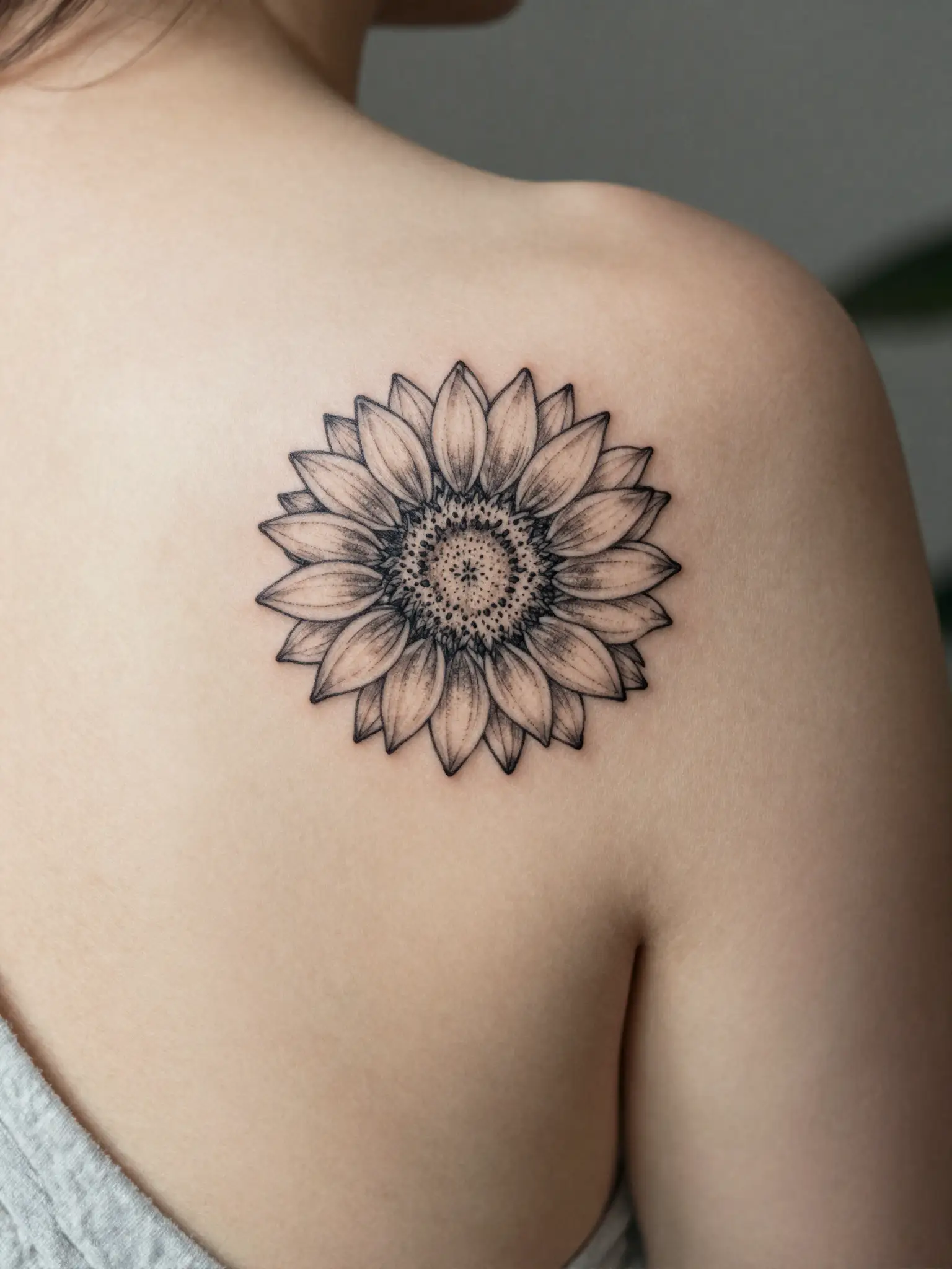 Tatuagem feminina pequena de girassol em traço fino no ombro
