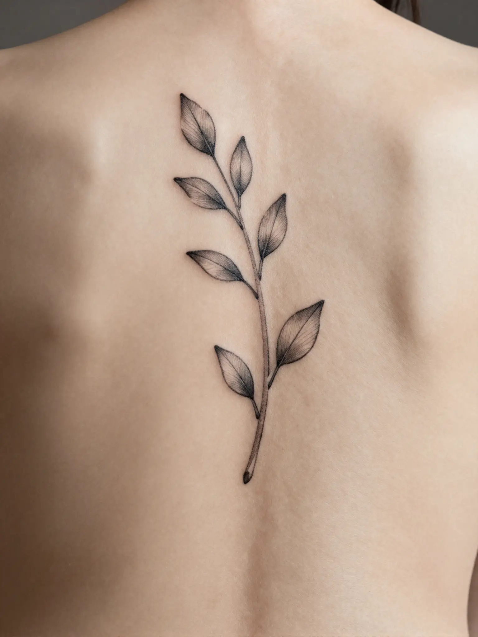 Tatuagem feminina de ramo de folhas em traço fino vertical na coluna