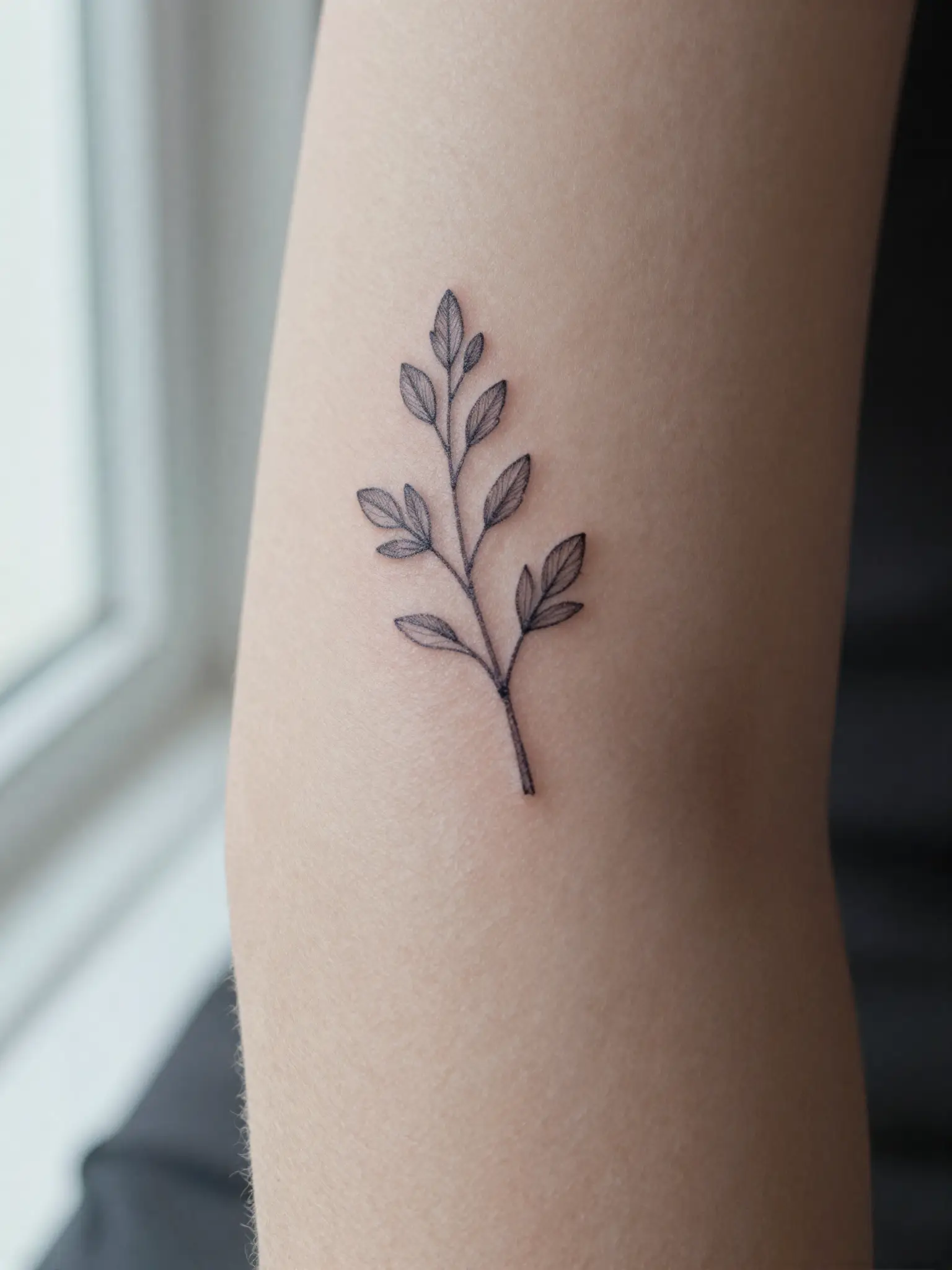 Tatuagem feminina delicada de ramo de lavanda em traço fino no antebraço