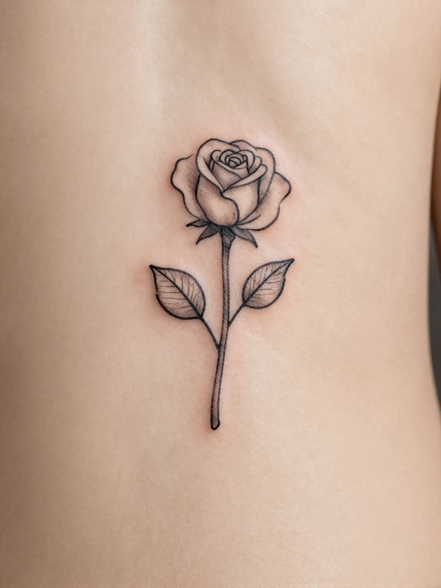 Tatuagem feminina de rosa minimalista em traço fino na costela